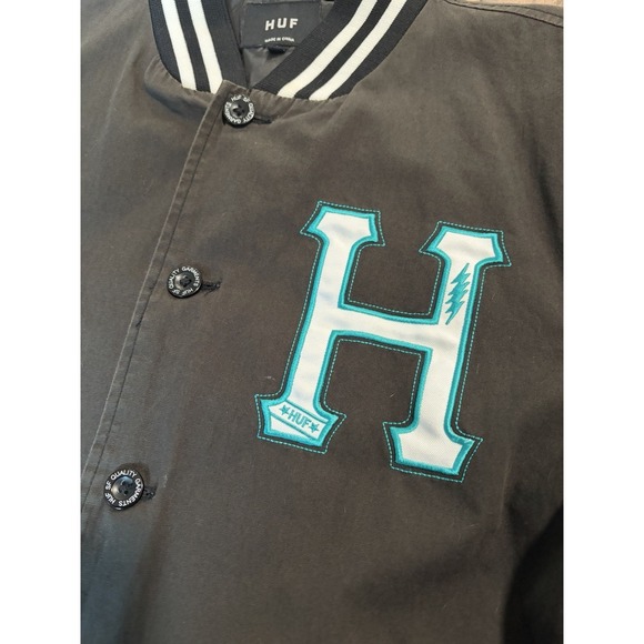 Huf Bomber Jacket Mens Large Black White Skater Full Button "HUF dirtbags" - Picture 2 of 12
